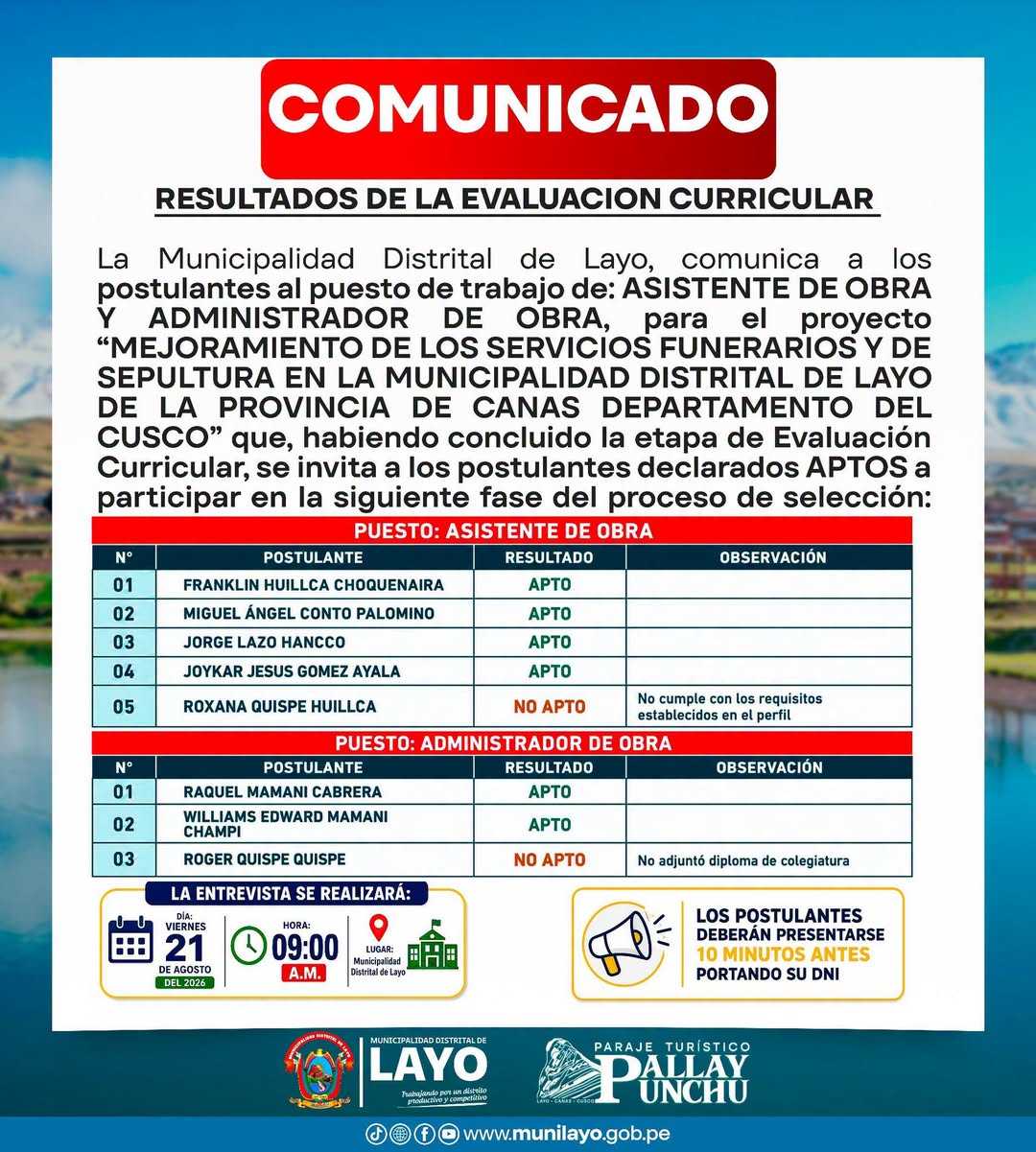 COMUNICADO PARA ENTREVISTA PERSONAL